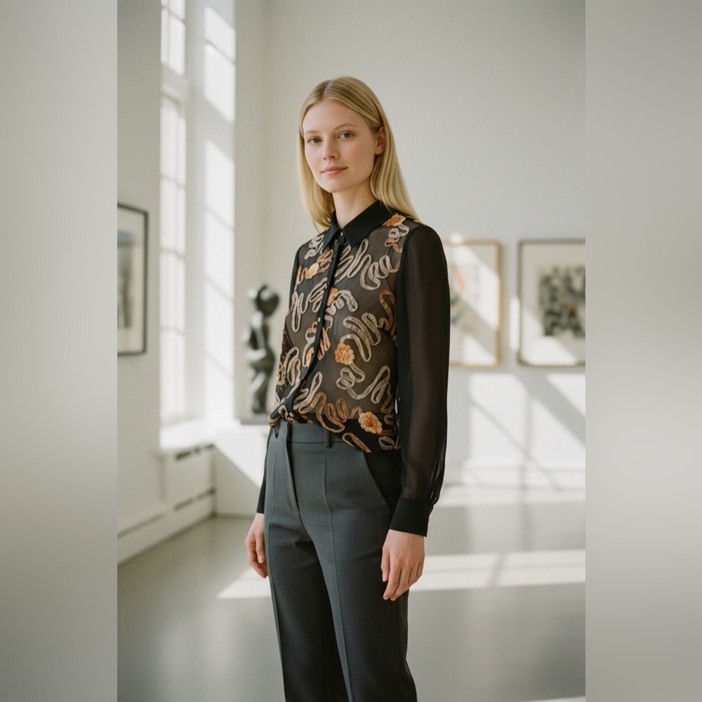Frank Lyman Long Sleeve Black Sheer Overlay Button Down Blouse